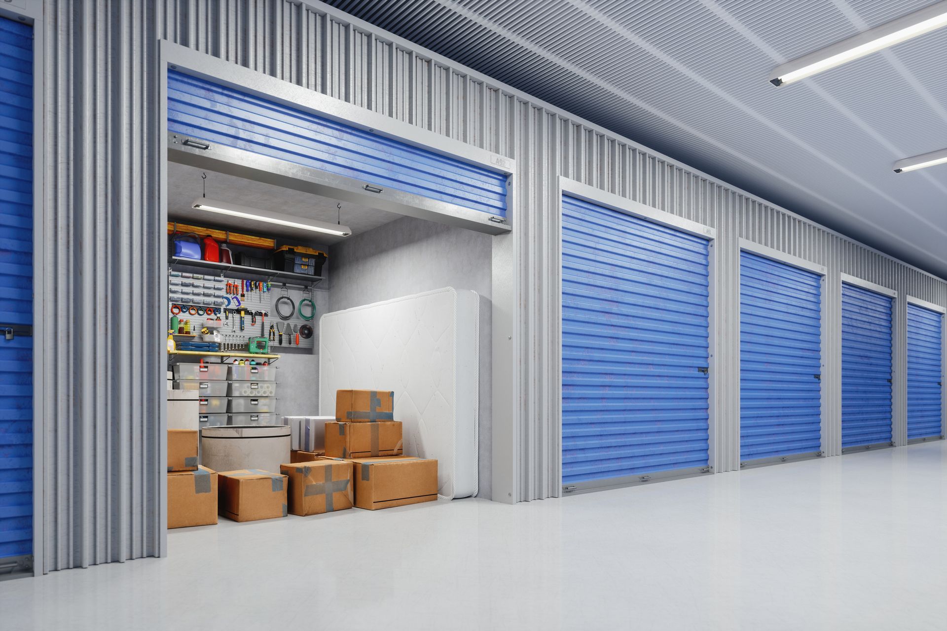 Self-storage facility interior with organized boxes and lockers for secure storage solutions.
