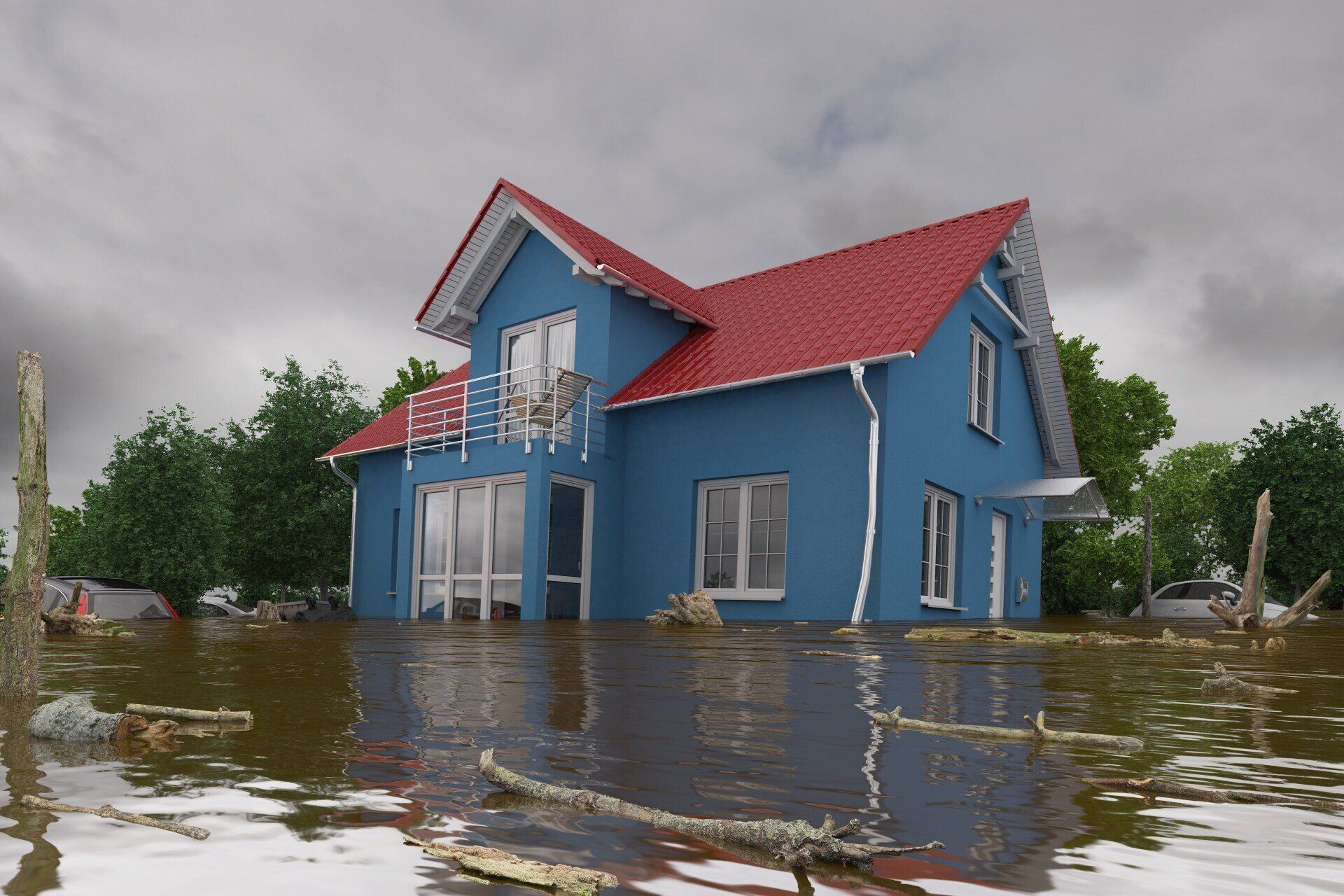 A blue house with a red roof is surrounded by flood water.