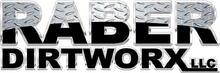 Logo for Rader Dirtworx LLC. Text is black and silver with a diamond plate pattern.