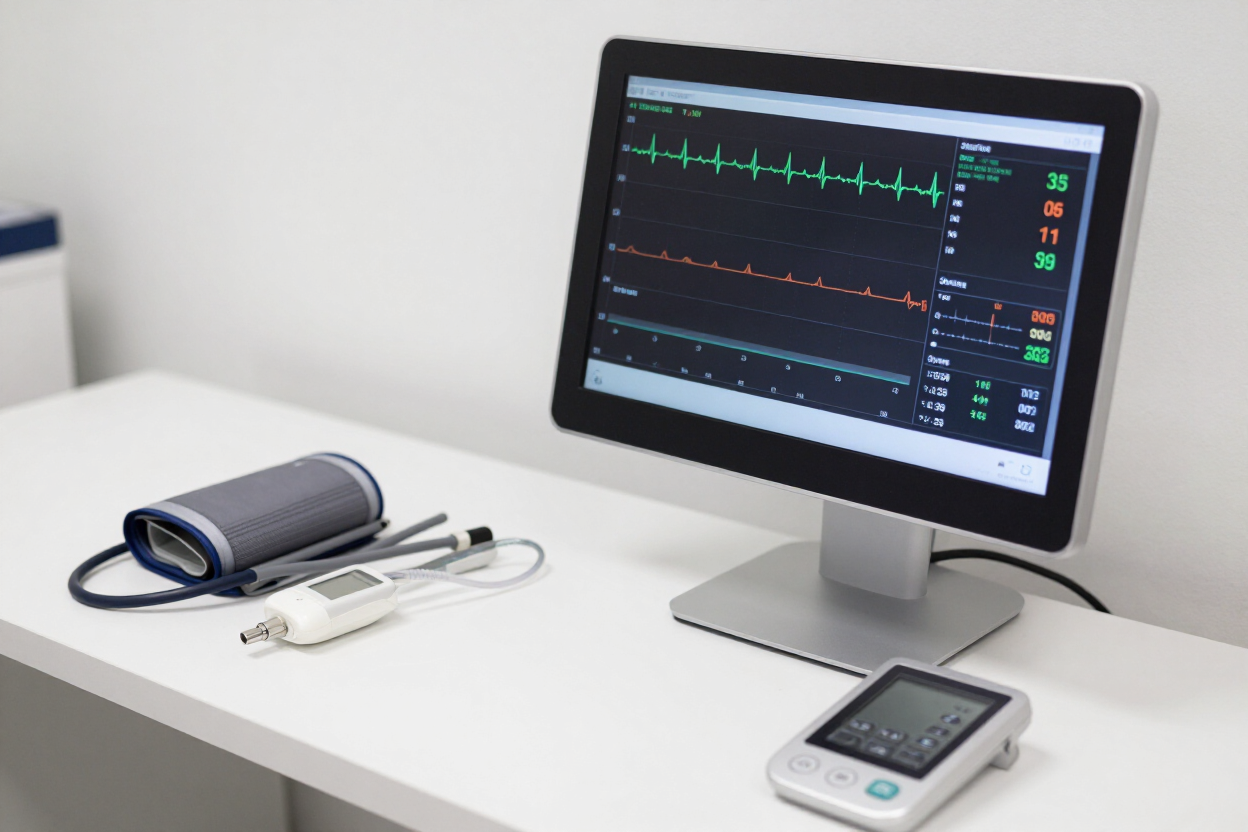 Monitor médico sobre un escritorio blanco junto a un tensiómetro, un estetoscopio y un termómetro digital.