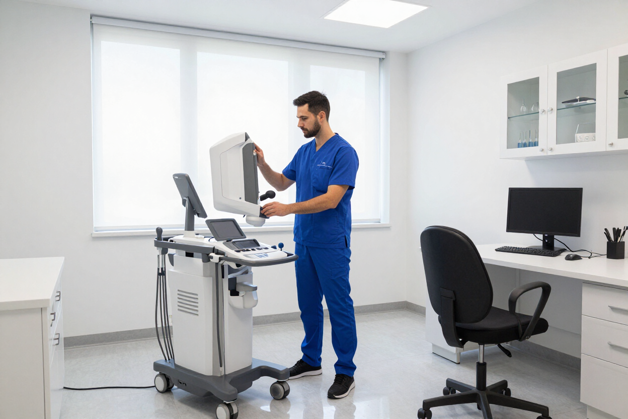 Técnico operando una máquina de imágenes médicas en una luminosa oficina clínica.