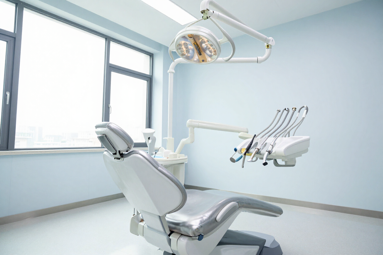 Sala de examen dental vacía con silla, lámpara de techo y grandes ventanas.