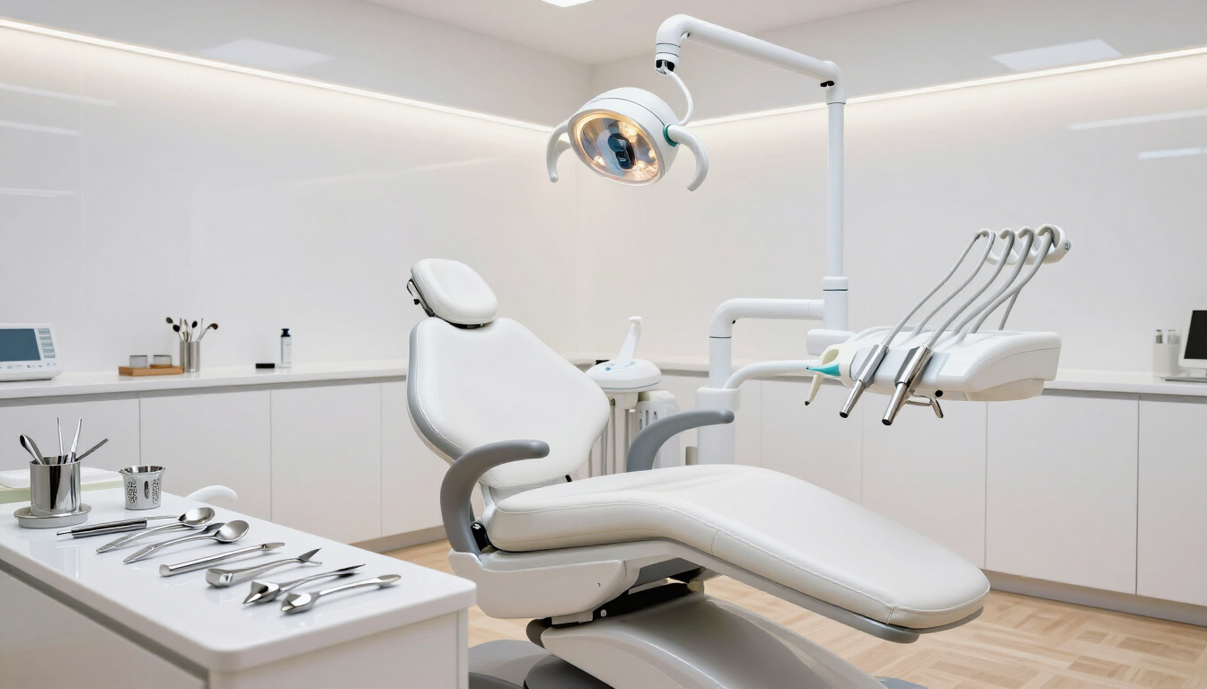 Clínica dental moderna con sillón blanco, lámpara de techo y instrumental dental sobre un mostrador limpio.