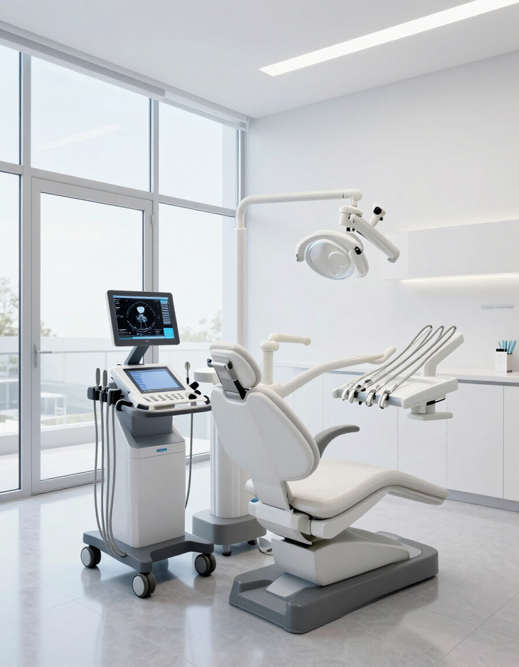 Clínica dental moderna con sillón de exploración, luz cenital y equipo digital junto a una ventana.
