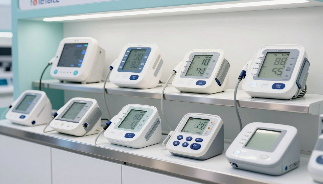 Fila de tensiómetros digitales expuestos en un estante en un entorno médico.