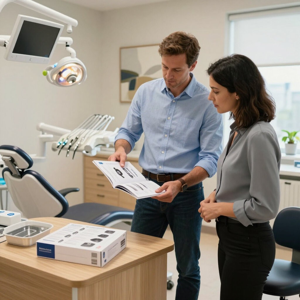 Profesional dental y asesor revisando opciones de equipamiento