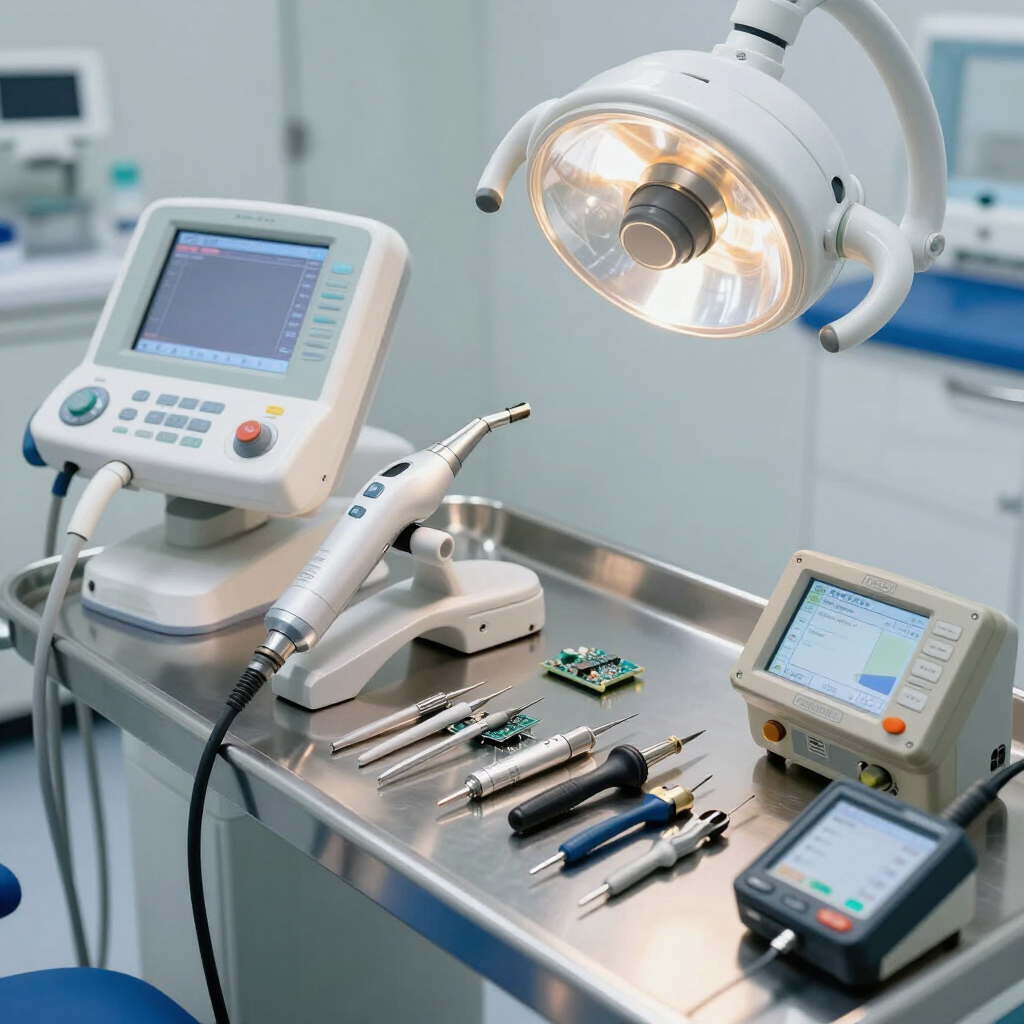Profesional dental y asesor revisando opciones de equipamiento