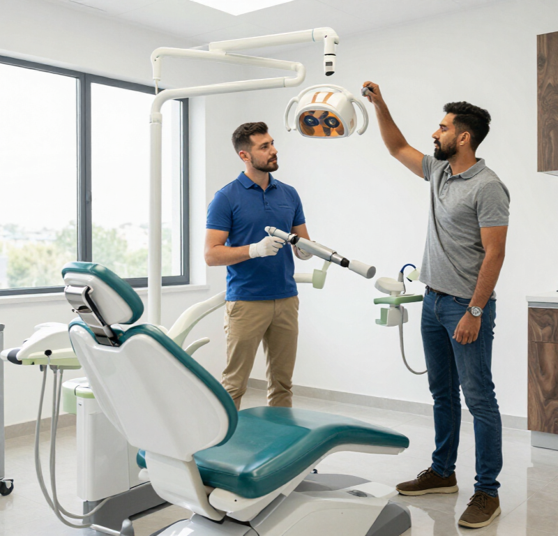Técnico instalando equipo dental en consultorio
