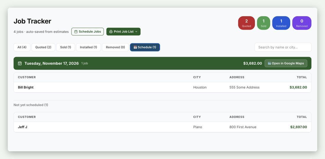 Holiday lighting scheduling software showing install calendar with Google Maps route planning
