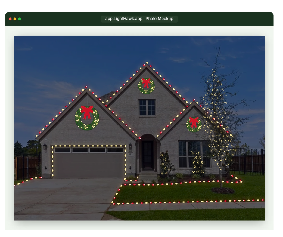 Christmas light design software showing roofline, wreath, and garland layout on a real property photo