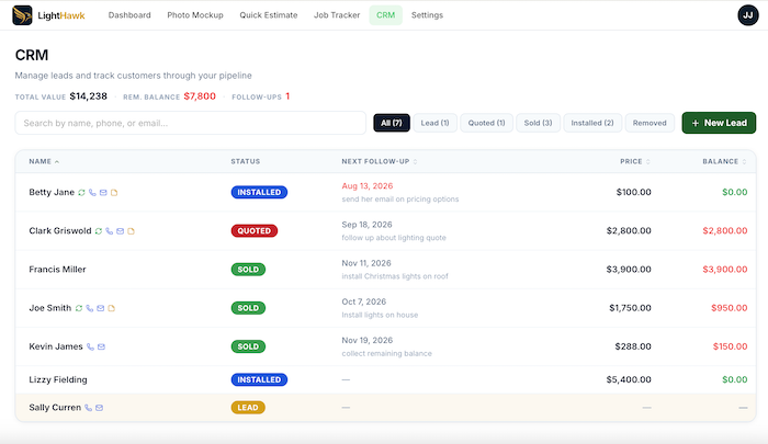 Christmas lighting CRM software, permanent lighting CRM, landscape light company CRM showing customer follow-up reminders and repeat customer tracking
