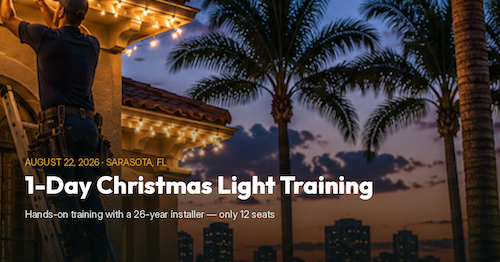 Installer hanging Christmas lights at dusk in Sarasota, FL — 1-Day Training, August 22, 2026