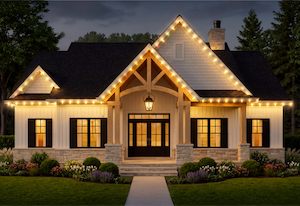Permanent lighting in warm white on a home