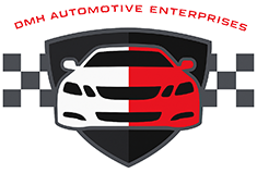 DMH Automotive Enterprises logo with red-and-white sports car over a shield and checkered flags