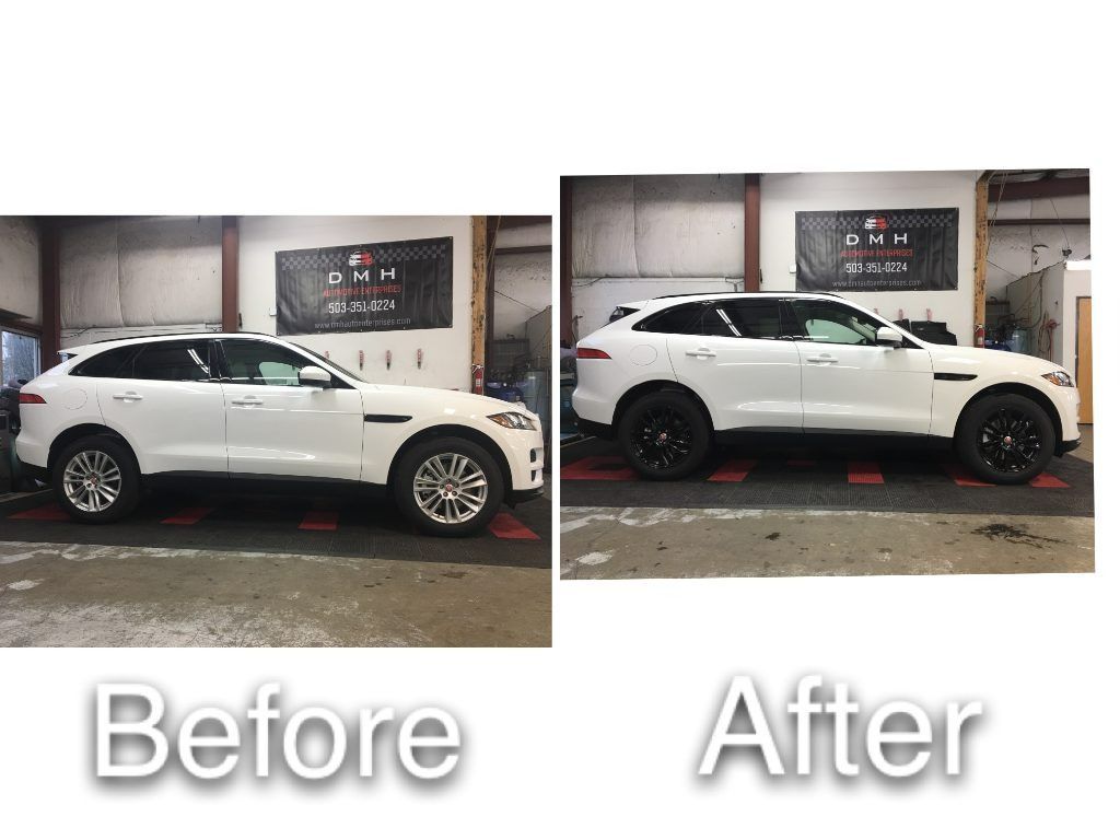Side-by-side white SUV before and after, showing blacked-out wheels and trim in the after view