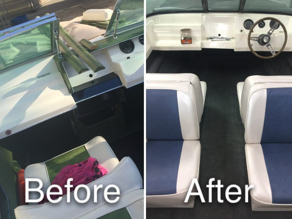 Boat interior before and after: worn seats and clutter removed, revealing clean white upholstery and steering wheel.