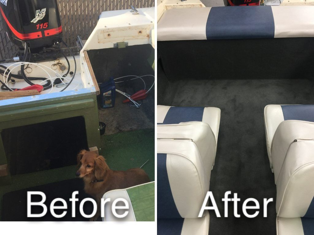 Before-and-after split image of a green crate area, then two white chairs on dark carpet.