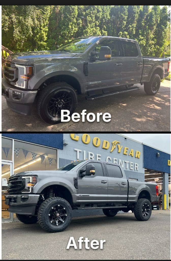 Lifted gray pickup truck shown before and after at a tire shop, with larger black wheels installed.