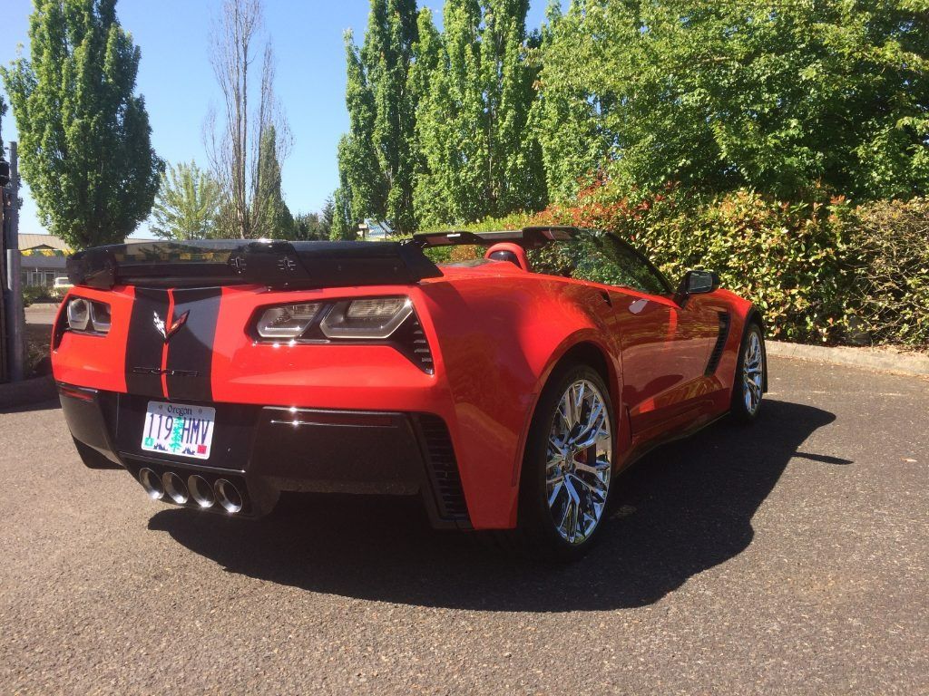Red sports car parked on asphalt with trees in the background, rear view