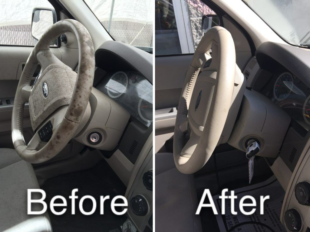 Car interior before and after a steering wheel cover replacement, labeled “Before” and “After”