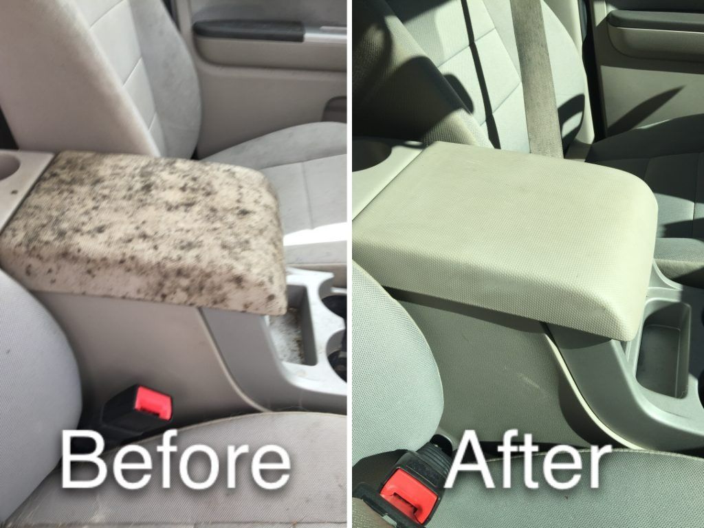 Car seat armrest before and after: stained beige fabric changed to clean light gray cover.
