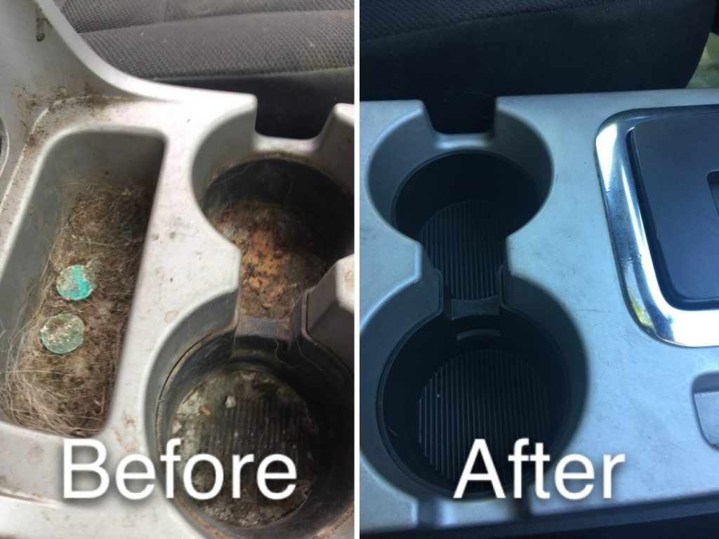 Before-and-after car cup holder cleaning: dirty beige interior to clean black cup holders.
