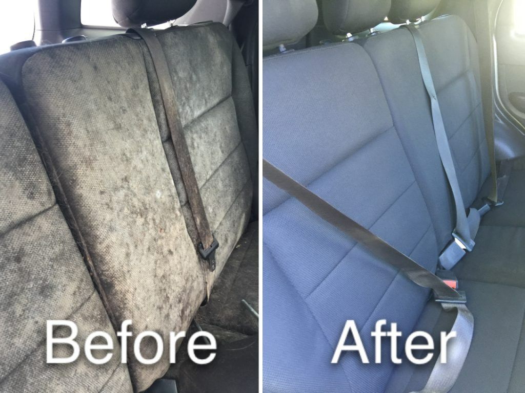 Car seat upholstery before and after cleaning: stained gray fabric to clean gray seats