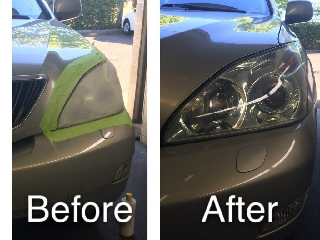 Split-screen car front bumper repair comparison labeled “Before” and “After.”