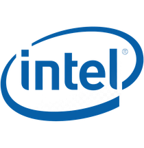 Intel logo in blue with an oval swoosh on a white background