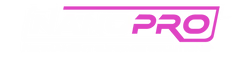 Pink “PRO” logo on a white background with a diagonal pink line above it