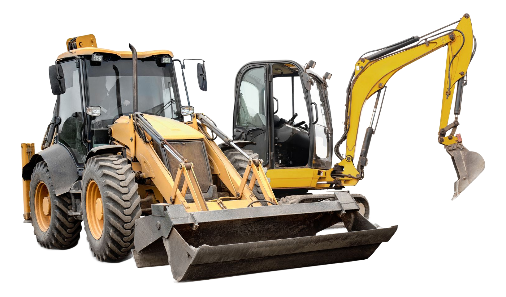 Yellow backhoe loader with front bucket and rear excavator arm on a white background