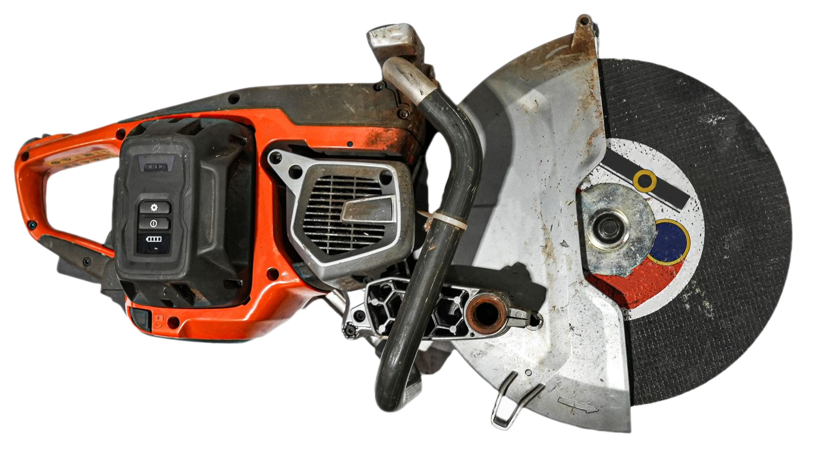 Orange-and-black gas-powered cut-off saw with a large abrasive blade, shown on a white background