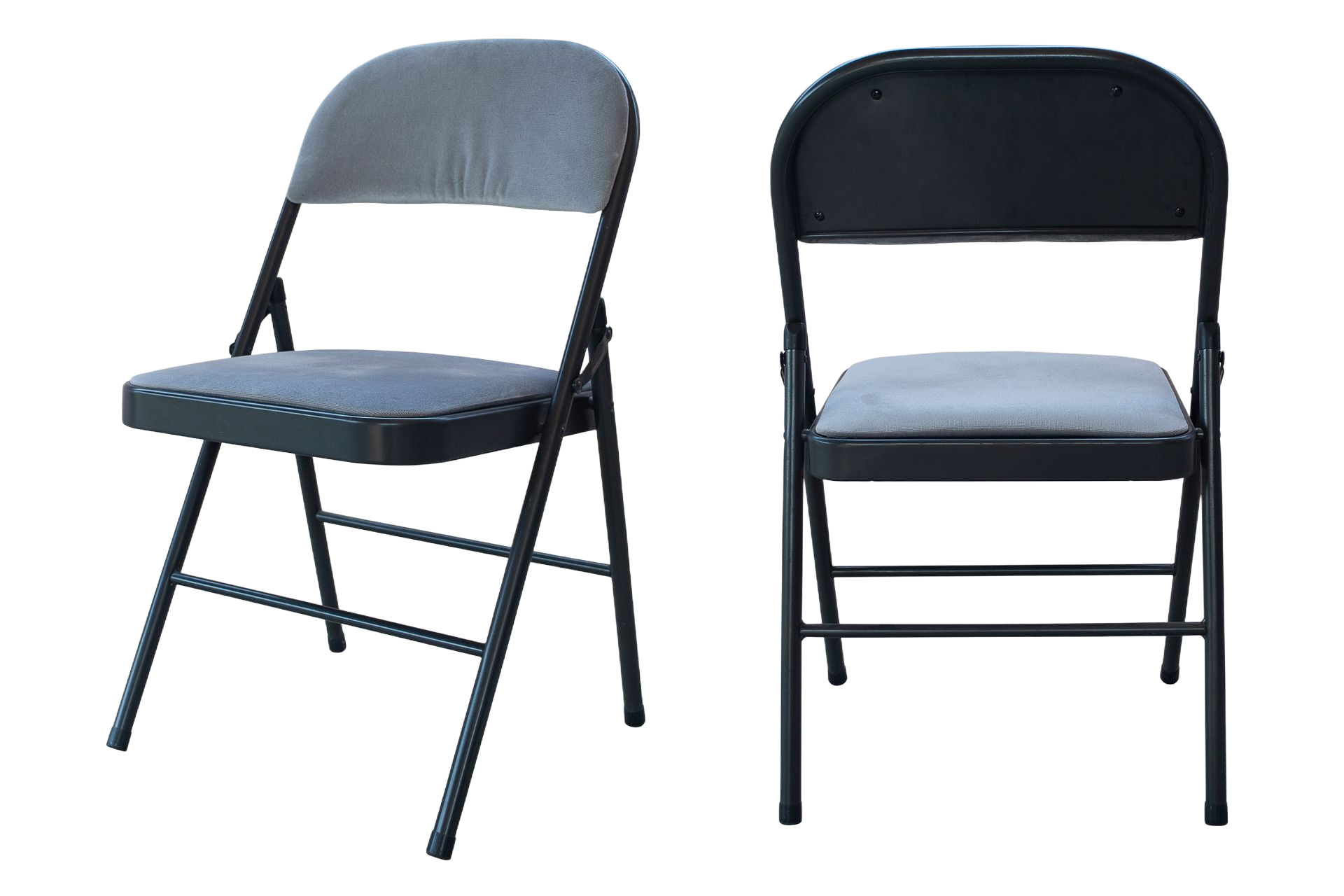 Two black folding chairs shown from the front and side, with gray padded seats and backs