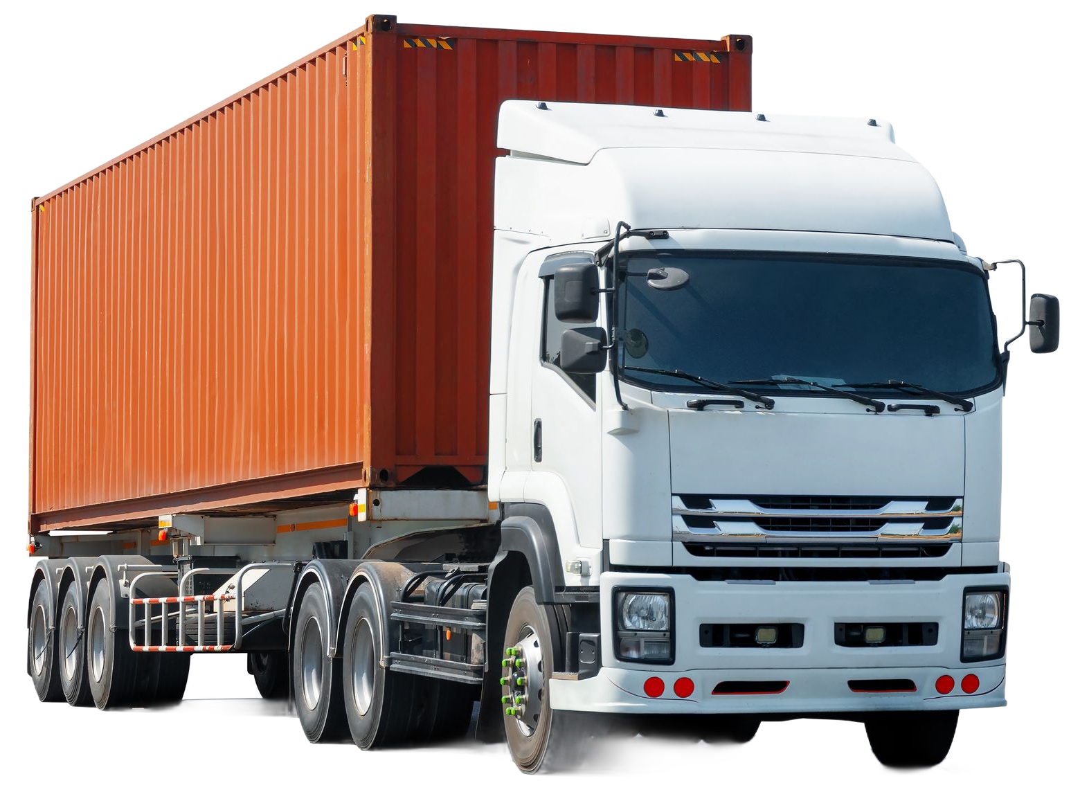 White semi-truck hauling an orange shipping container on a trailer