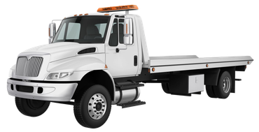 White flatbed tow truck with orange light bar, side view on white background