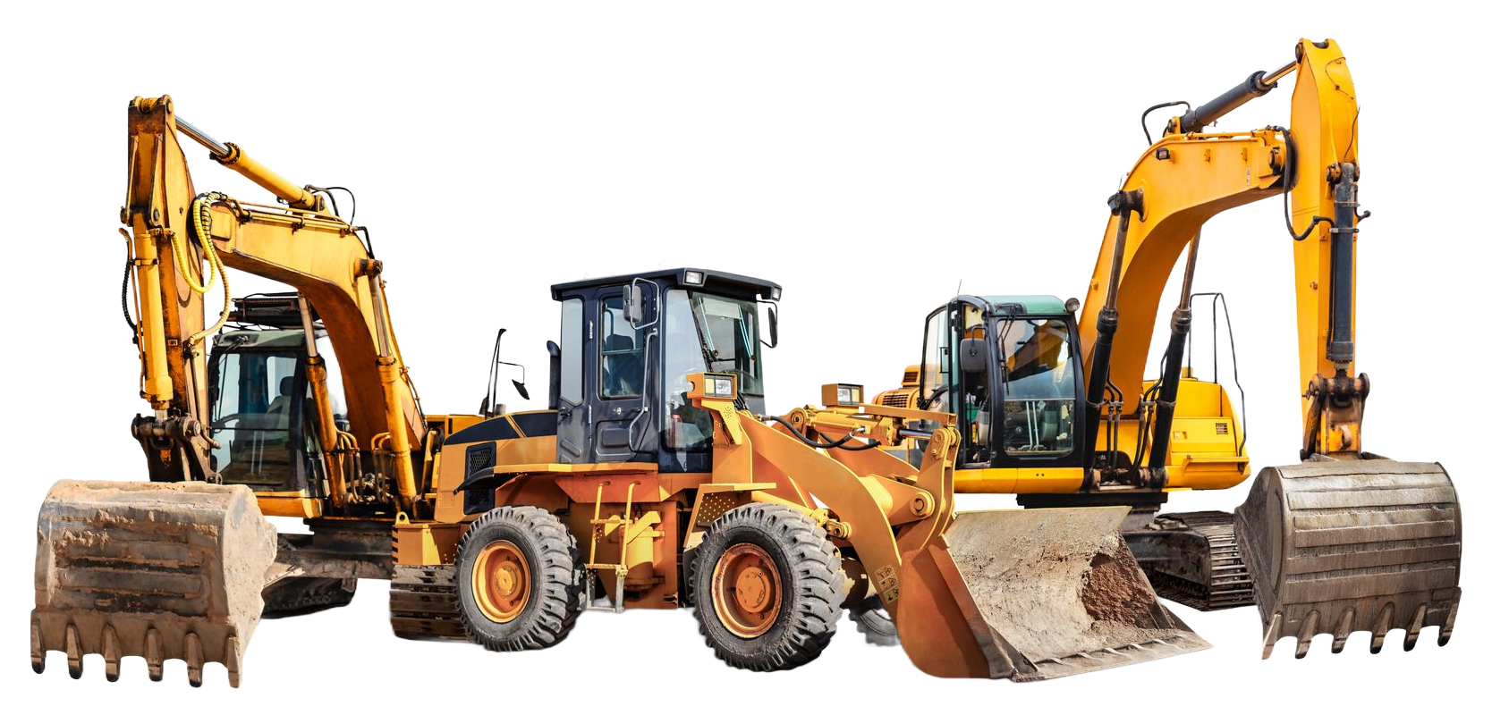 Three yellow construction excavators and a front loader arranged side by side on white background