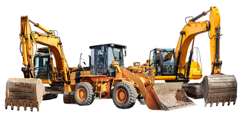 Three yellow construction excavators and a front loader arranged side by side on white background