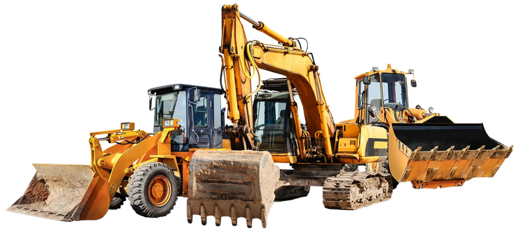 Yellow excavators and loaders with buckets and blades on a white background