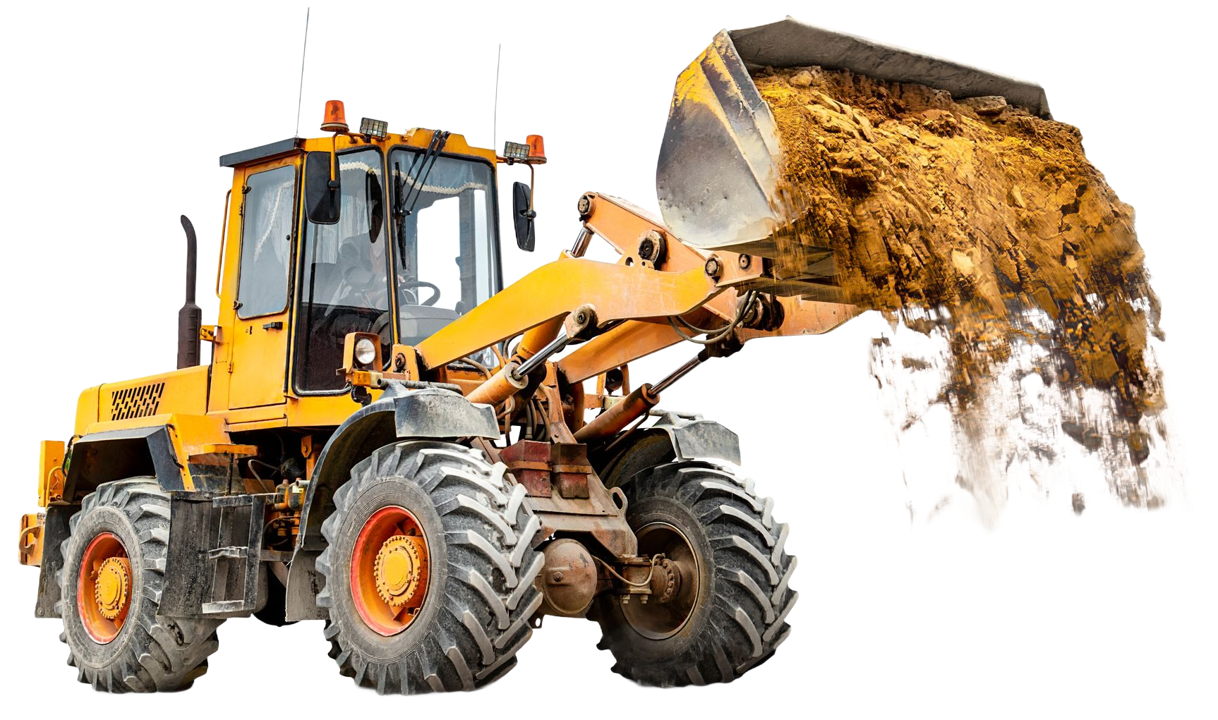 Yellow front loader dumping dirt from its bucket on a white background