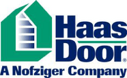 Haas Door logo. Green house shape with blue and white slats, blue text