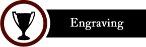 A brown circle with a trophy icon, beside a black rectangle with the word 