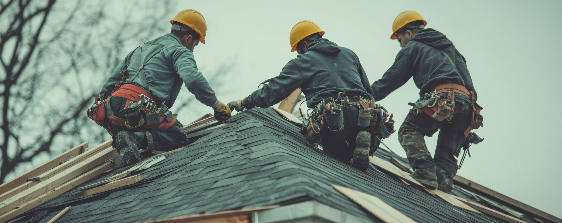 Local roofer team wearing hard hats and tool belts installs shingles on a steep, weathered rooftop.