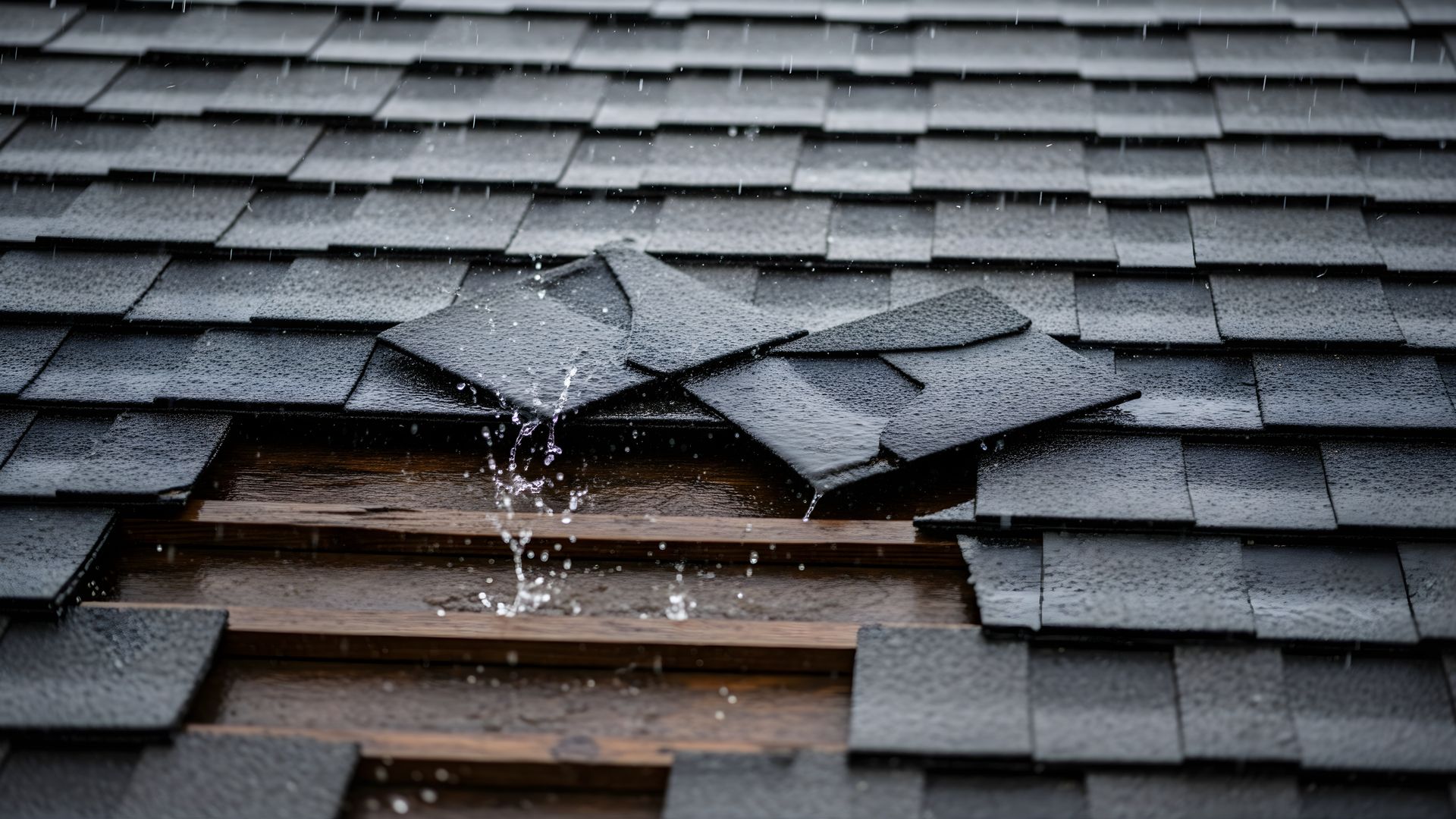 Damaged roof shingles show water damage after storm home repair insurance claim needed Damaged roof shingles show water damage after storm home repair insurance claim needed