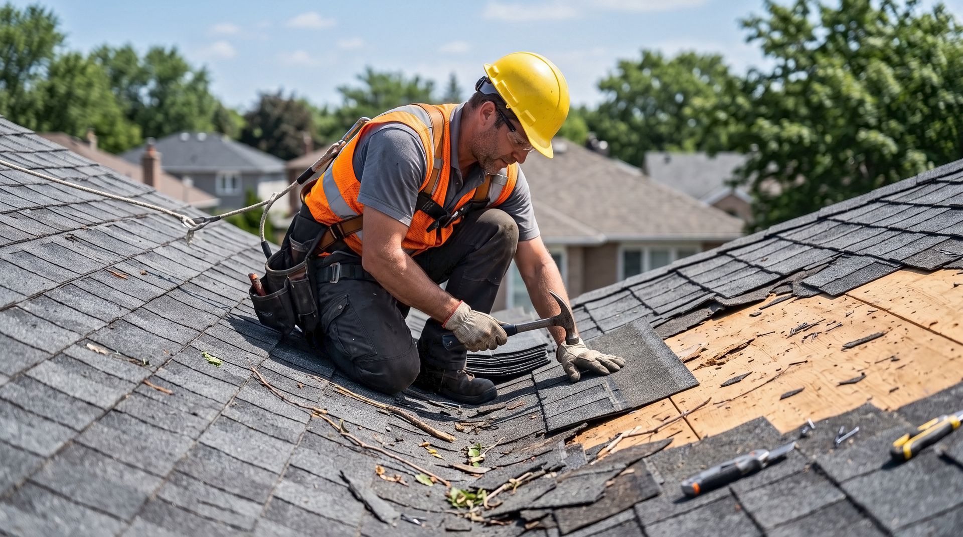 An emergency roofer in a hard hat and safety vest hand-nailing new shingles onto a damaged rooftop. An emergency roofer in a hard hat and safety vest hand-nailing new shingles onto a damaged rooftop.