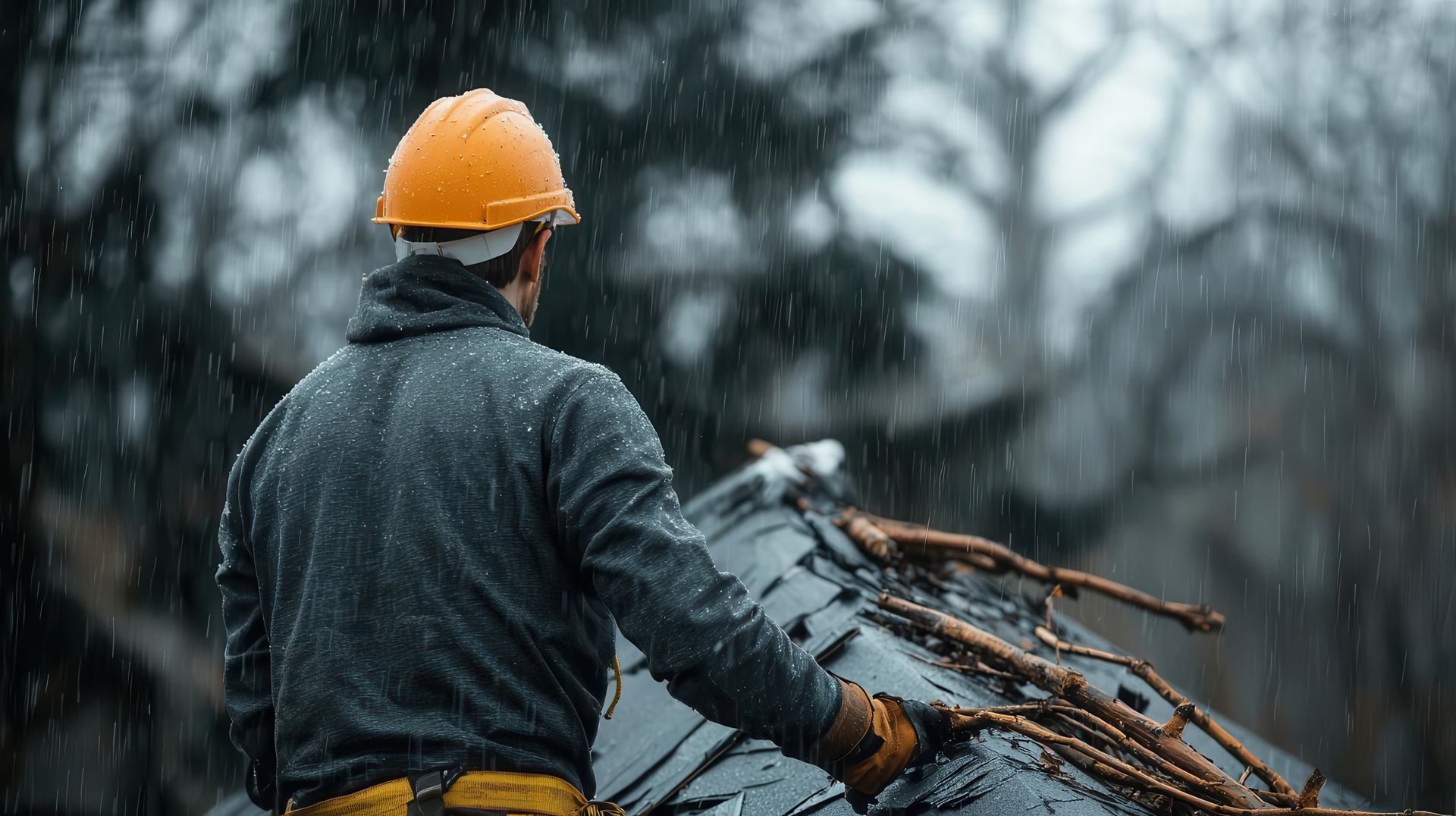 An emergency roofer in an orange hard hat clears fallen branches from a storm-damaged roof in rain.