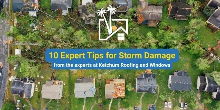 Aerial view of storm-damaged homes; text reads, 