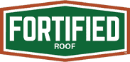 Fortified Roof logo, white text on green hexagon inside a brown hexagon.