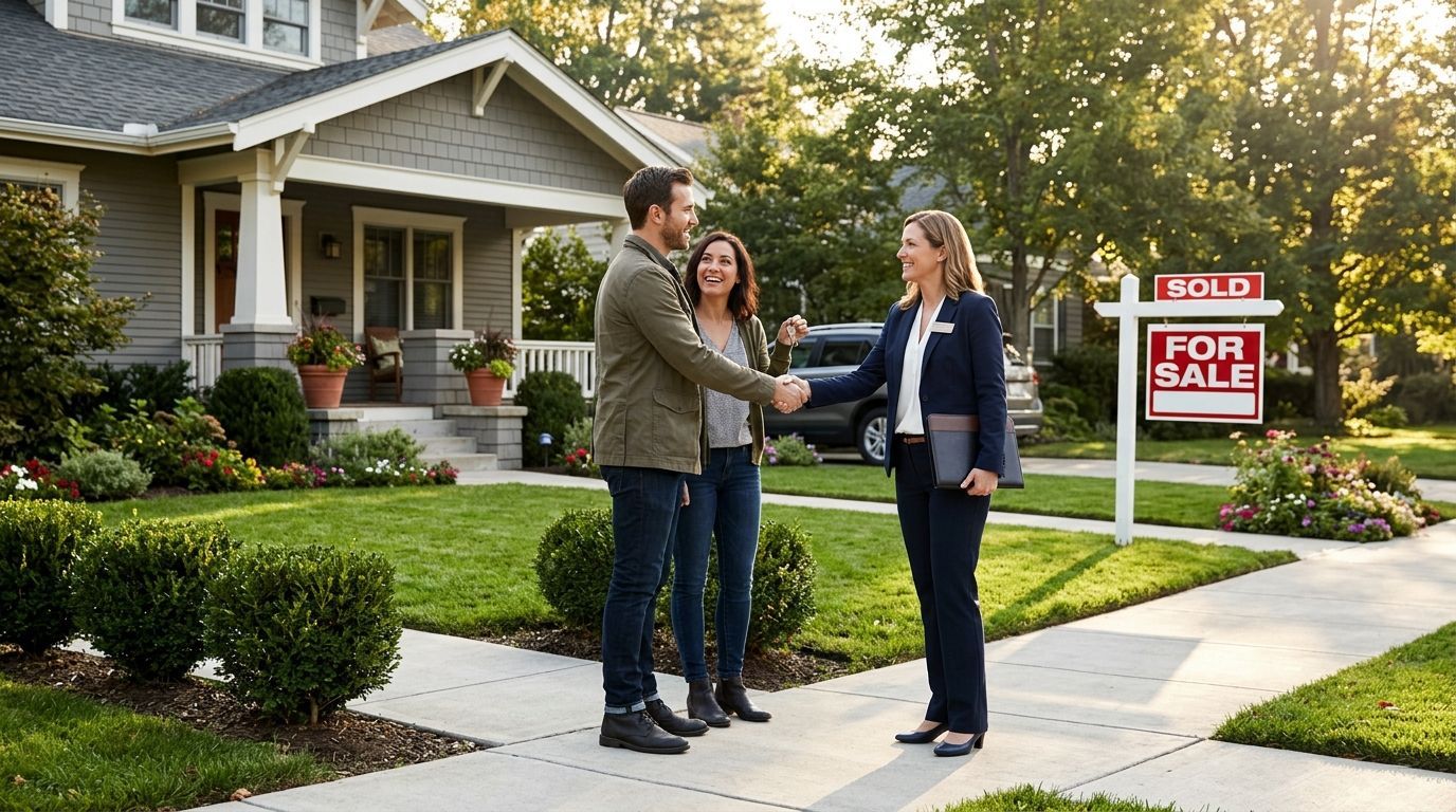 Real estate agent shaking hands with a couple outside a house with a for-sale sign