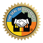 The Seal of Difference logo: handshake over a house on a gold seal with blue and orange accents