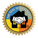 The Seal of Difference logo with a handshake over a black house and yellow-orange background